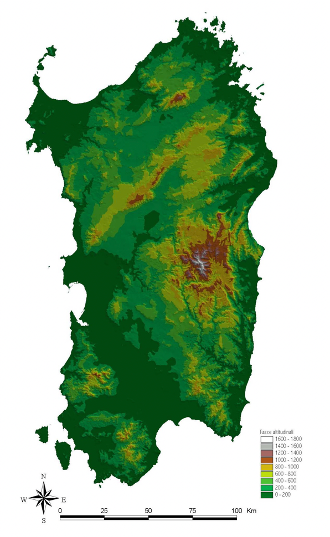 Fig. 1. Digital model of Sardinia, with altitudinal ranges. 