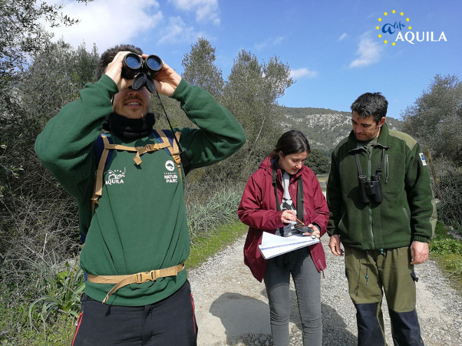 El equipo del AQUILA a-LIFE, con Beatriz Martínez Miranzo, realizando un transecto de disponibilidad de presas para el águila de Bonelli en Mallorca. Foto: Fundació Natura Parc.