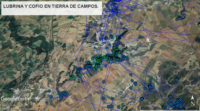 Movimientos de las águilas de Bonelli "Cofio" (puntos verdes) y "Lubrina" (puntos azules) en la zona palentina de Tierra de Campos donde se mueven desde hace unos días.