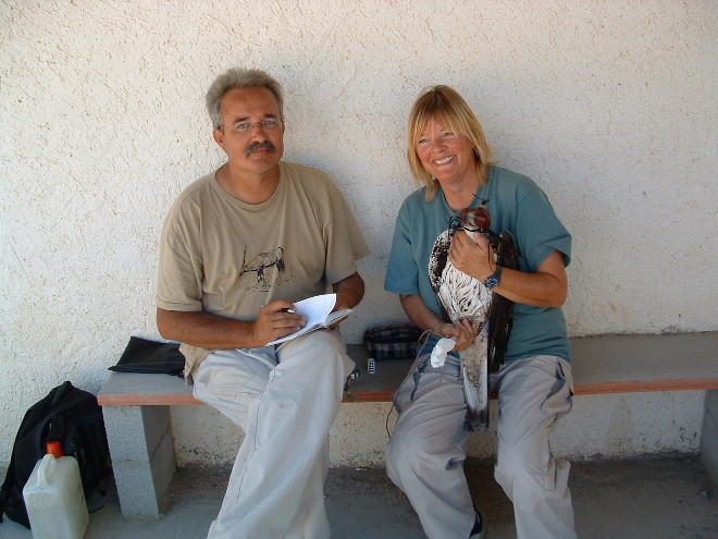 Ernesto con su inseparable Andrea Gardiazabal, marcando con un emisor GPS a un águila de Bonelli.