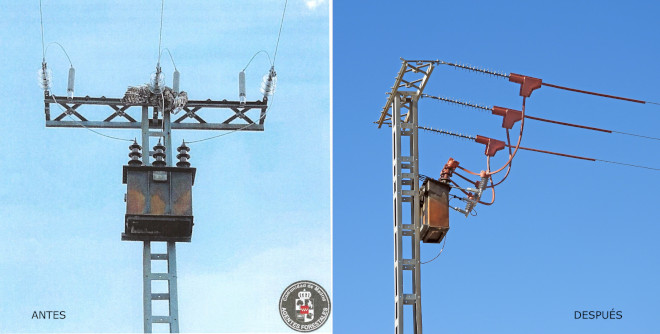 Apoyo eléctrico en Sevilla-La Nueva (Madrid) antes y después de su corrección. En la imagen correspondiente al apoyo sin corregir puede verse un búho real electrocutado.