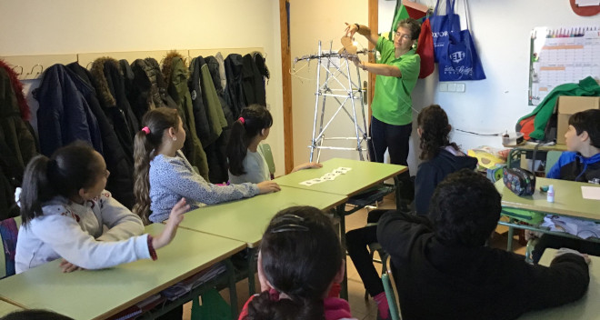 Una educadora ambiental de AQUILA a-LIFE explica el problema de las electrocuciones en el águila de Bonelli en el aula de un colegio.