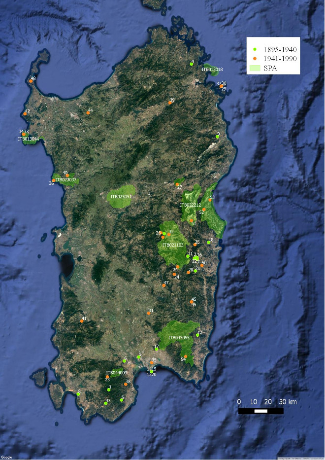 Fig. 2. Distribution map of Bonelli’s Eagle in Sardinia (data in Tab.1, Nissardi S., Zucca C. and Sirigu G., 2016, based on literature and unpublished observations). Green dots: observation from 1895 to 1940; orange dots indicate observation dated from 1941 to 1990. SPA: Special Protected Areas (Natura2000 network). 